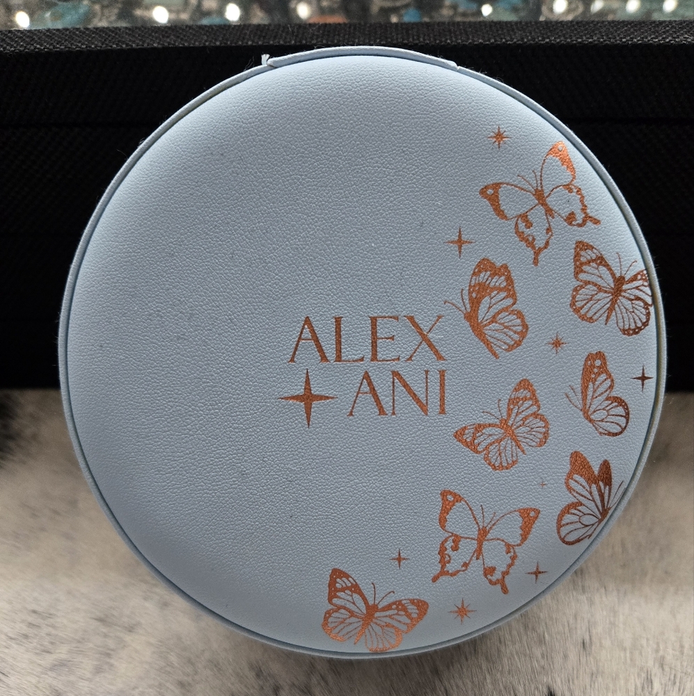Alex and Ani Blue Jewelry Box with Rose Gold Butterfly Design